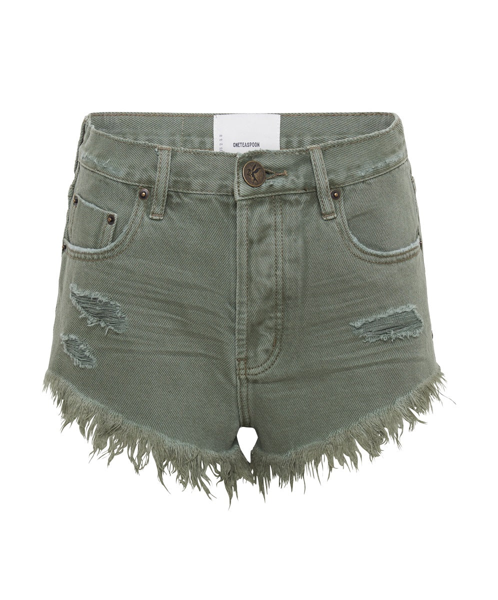 Outlaws Low Waist Mid Length Denim Shorts - Military Khaki - Image 6