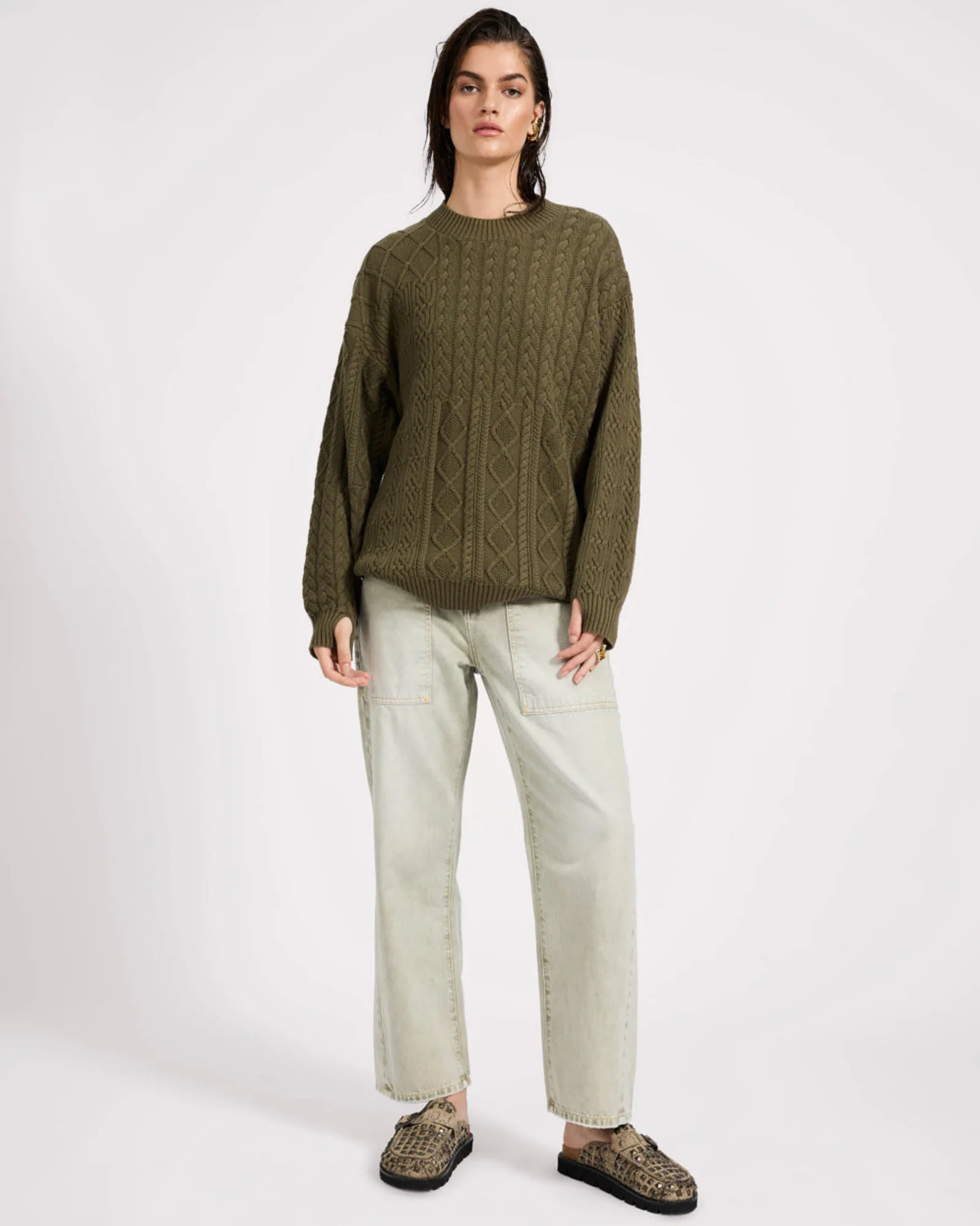 Mixed Cable Cotton Knit Sweater - Khaki - Image 2