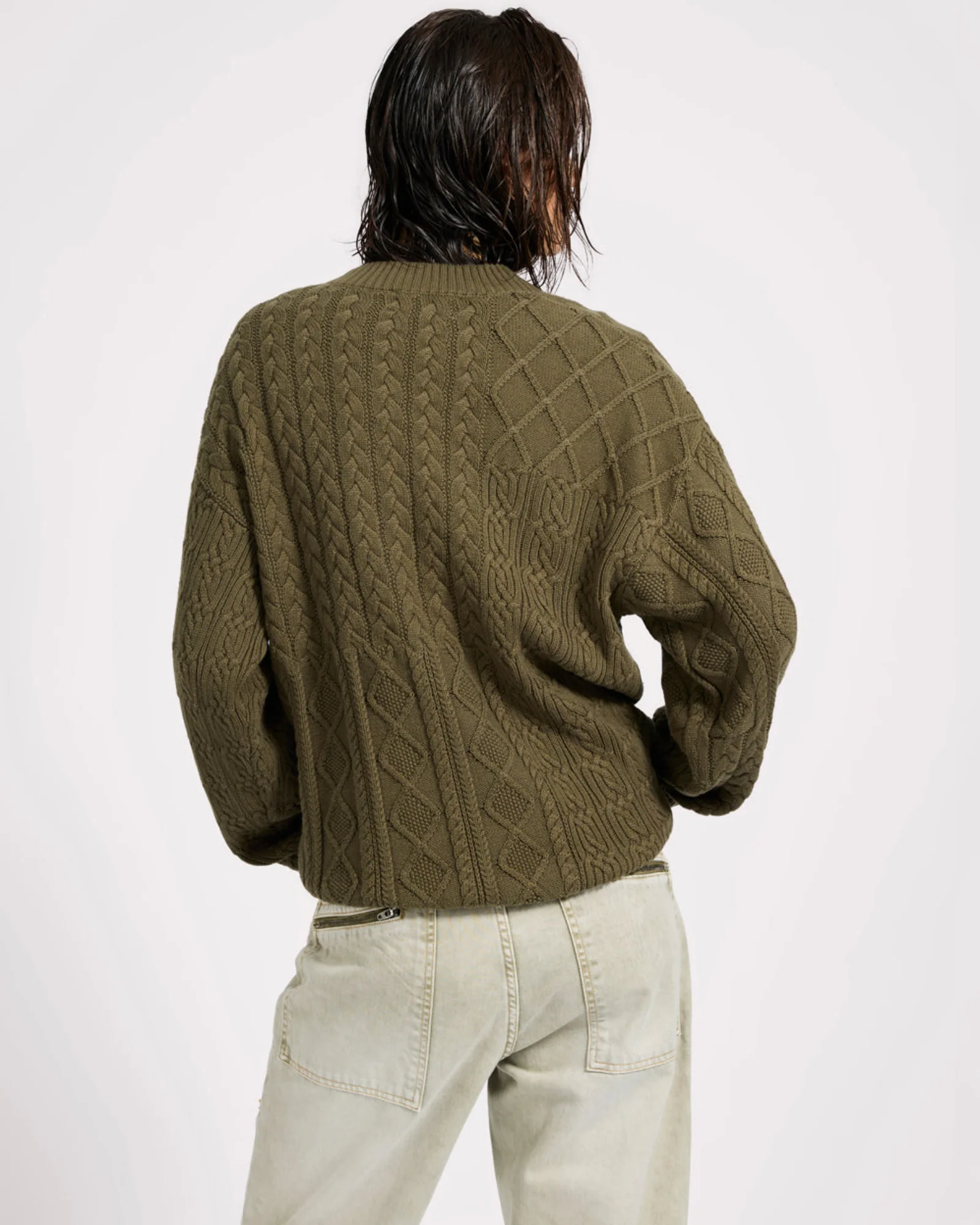 Mixed Cable Cotton Knit Sweater - Khaki - Image 5