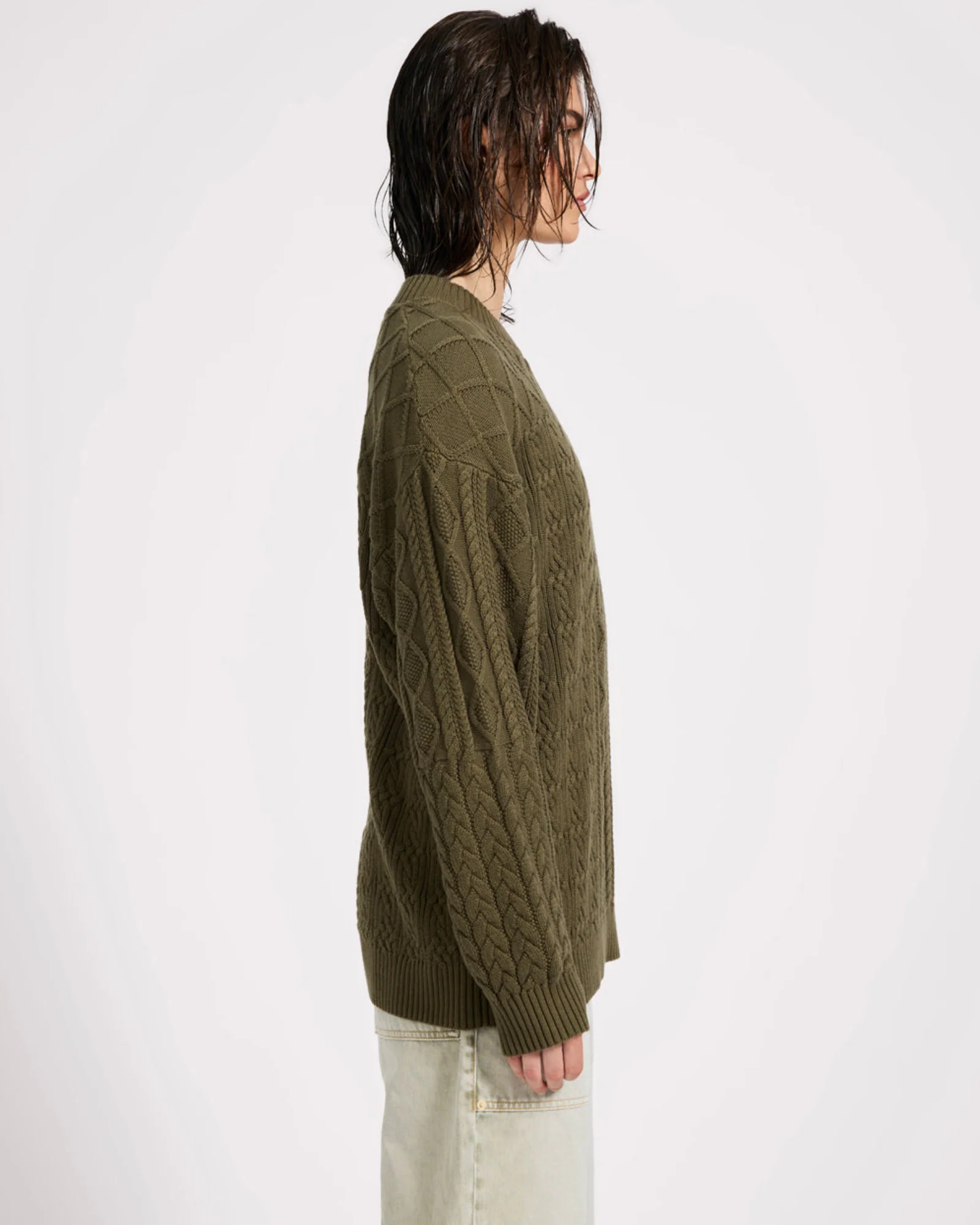 Mixed Cable Cotton Knit Sweater - Khaki - Image 6