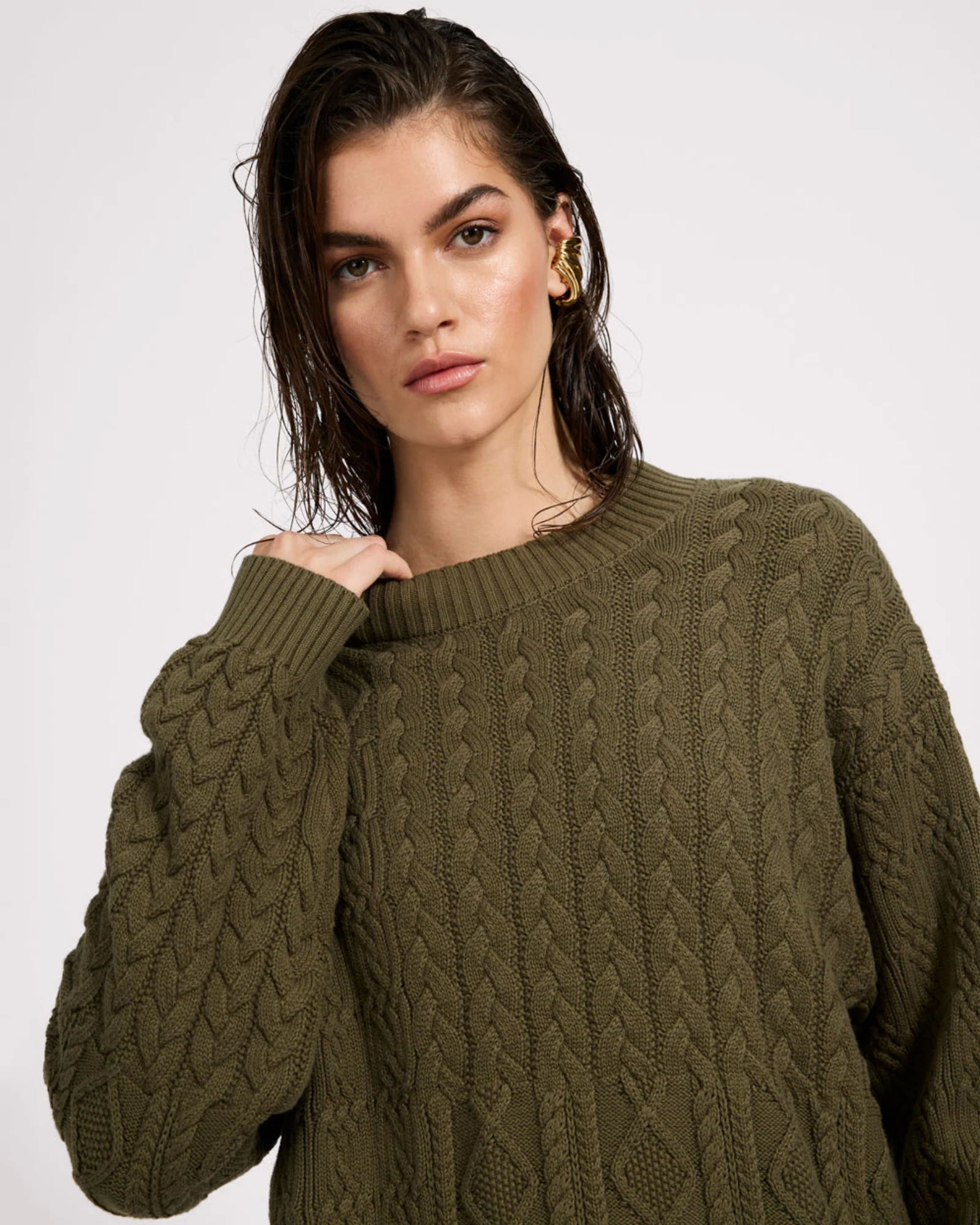Mixed Cable Cotton Knit Sweater - Khaki - Image 7