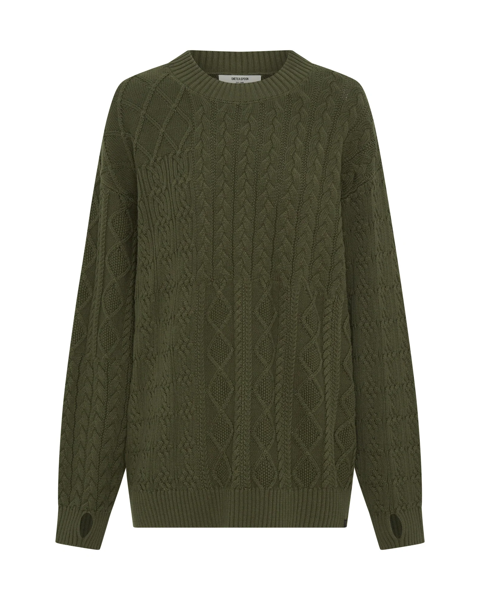 Mixed Cable Cotton Knit Sweater - Khaki - Image 9