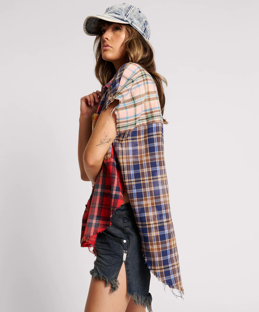 Mixed Flannel Cut Off Daria Shirt - Multi - Image 2