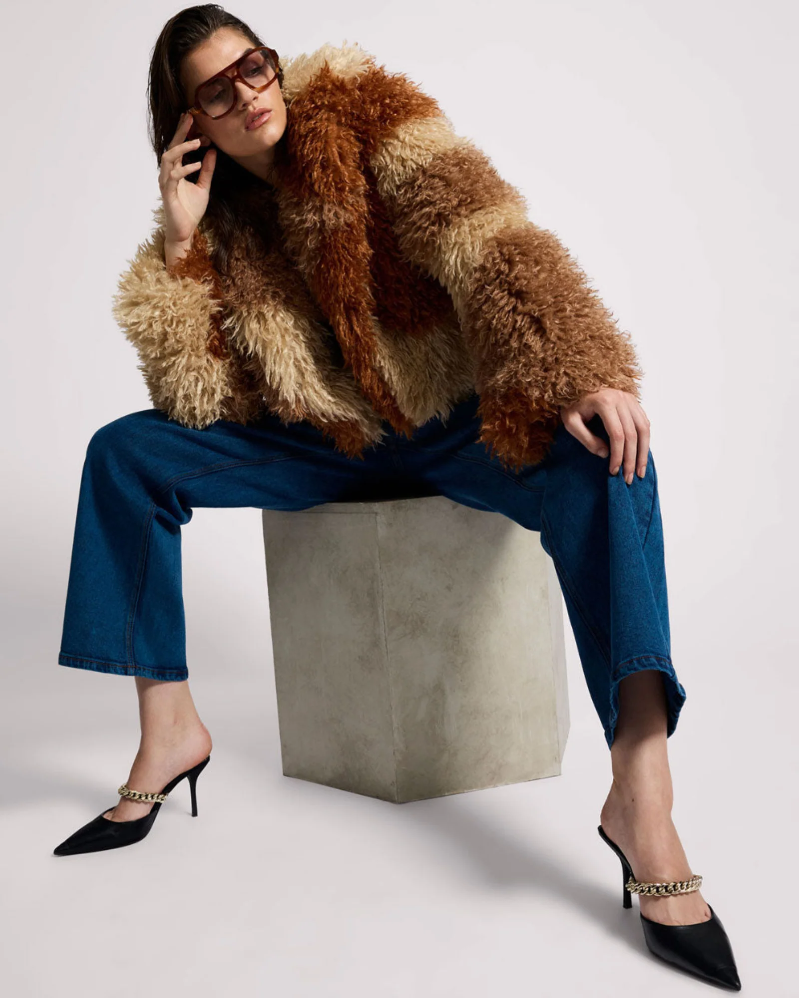 Mongolian Cropped Faux Fur Jacket - Tan - Image 10