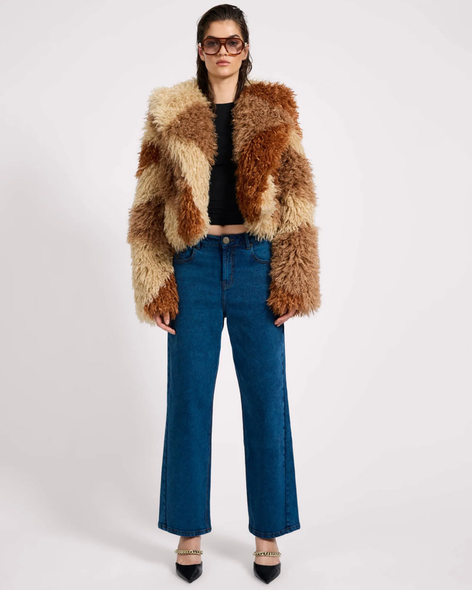 Mongolian Cropped Faux Fur Jacket - Tan - Image 3
