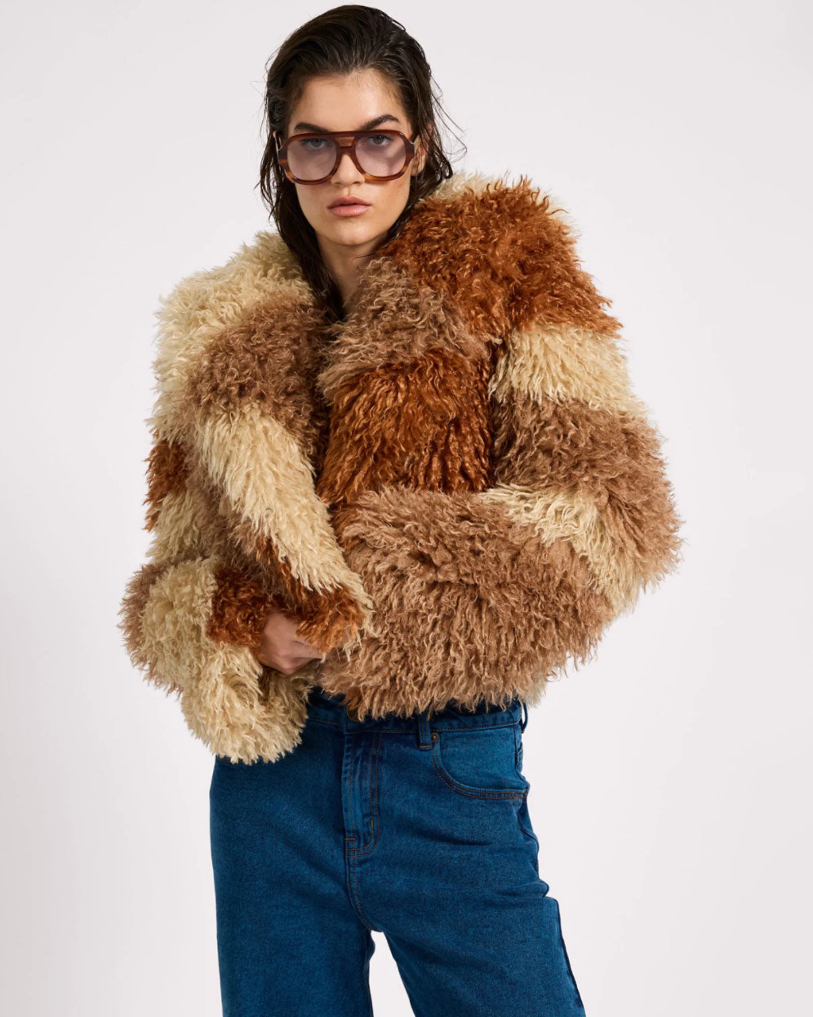 Mongolian Cropped Faux Fur Jacket - Tan - Image 4