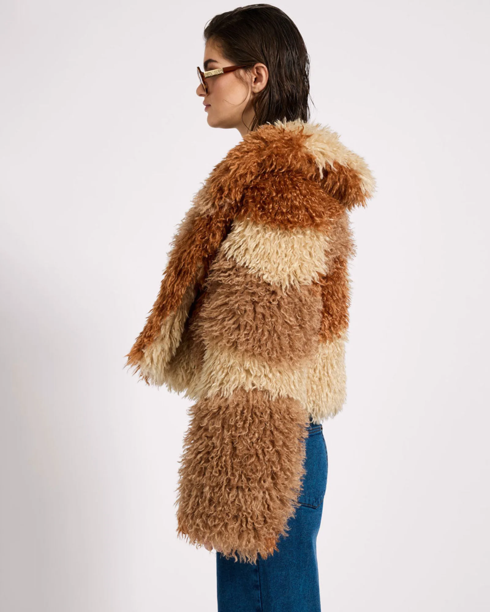 Mongolian Cropped Faux Fur Jacket - Tan - Image 5