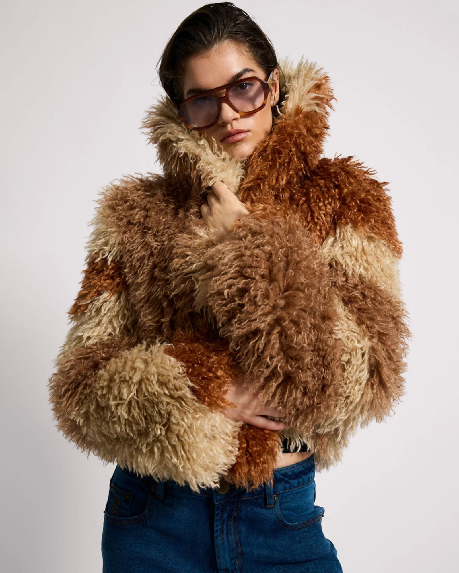 Mongolian Cropped Faux Fur Jacket - Tan - Image 8
