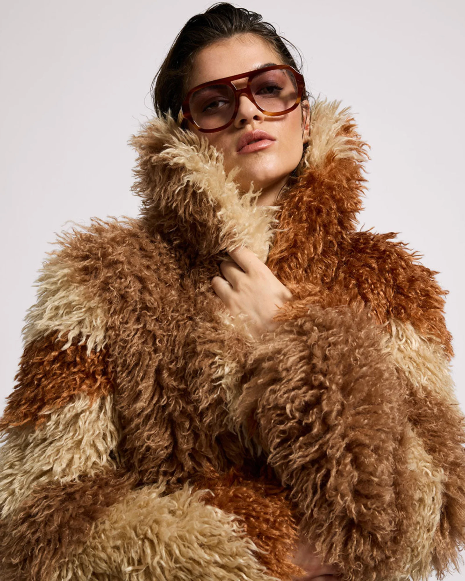Mongolian Cropped Faux Fur Jacket - Tan - Image 9