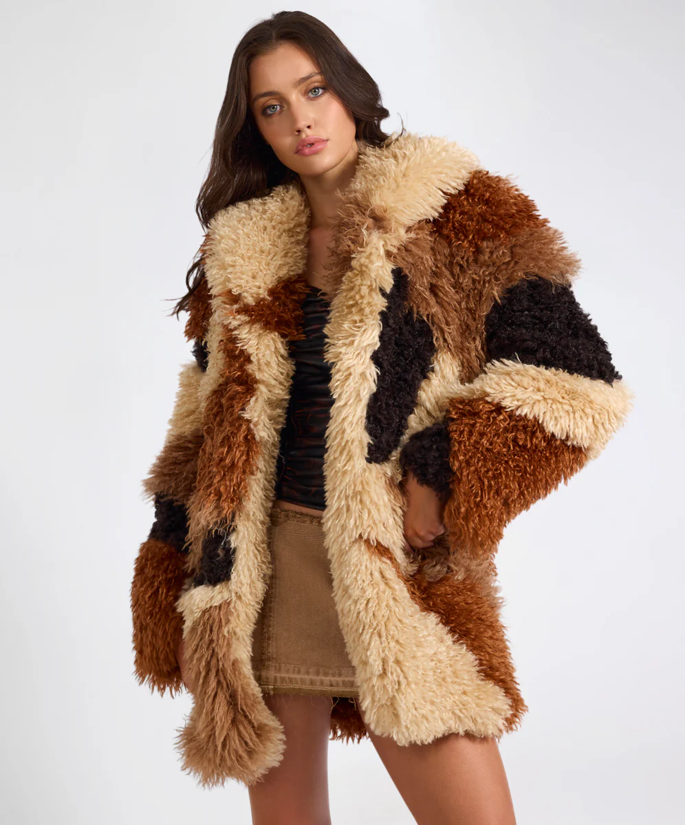 Mongolian Longline Faux Fur Jacket - Tan