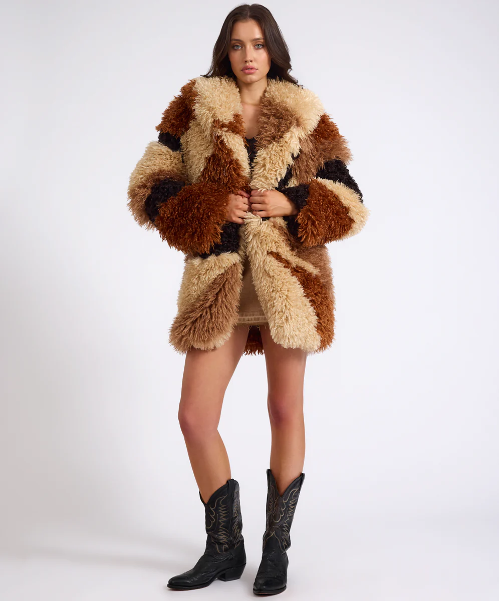 Mongolian Longline Faux Fur Jacket - Tan - Image 2