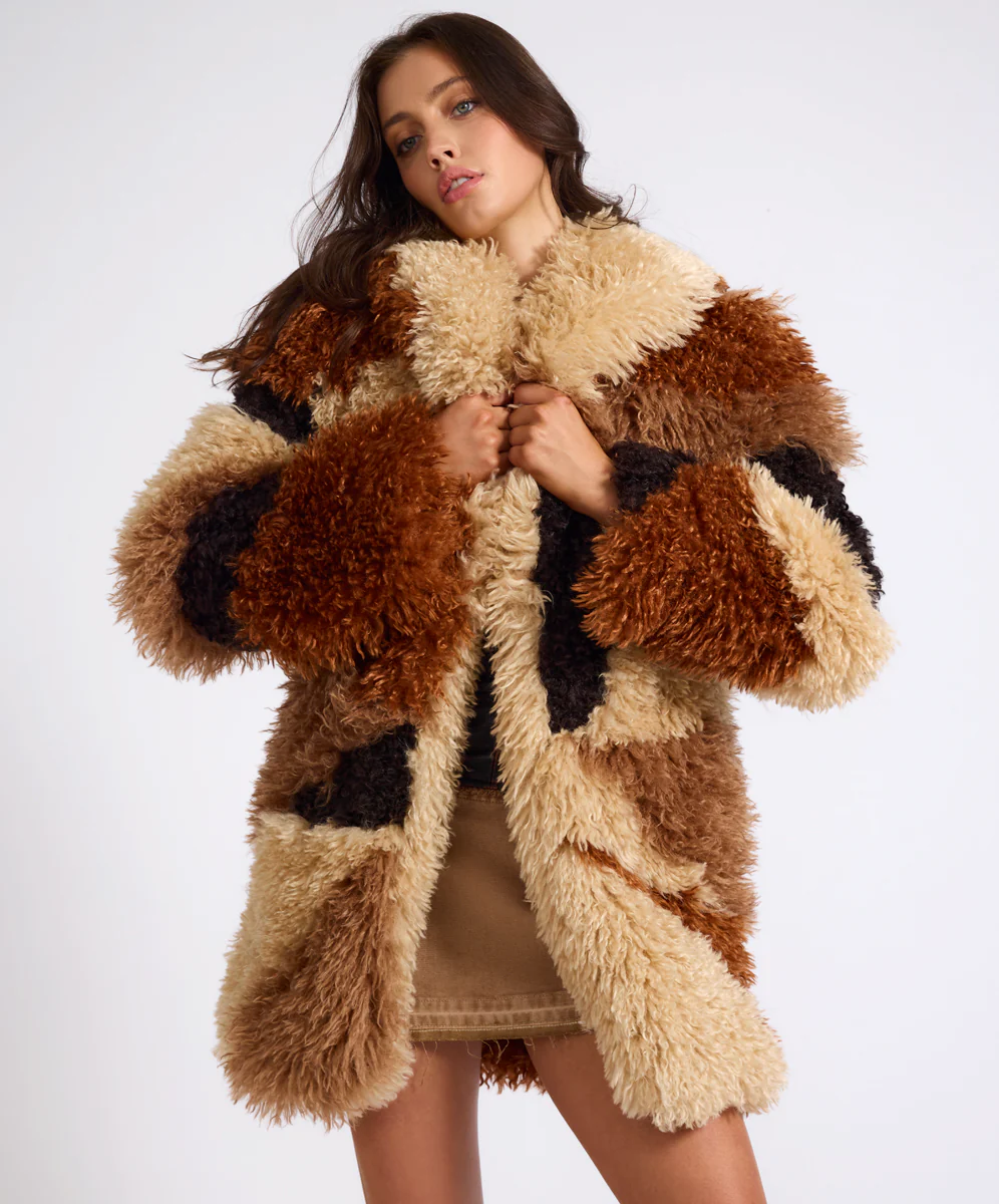 Mongolian Longline Faux Fur Jacket - Tan - Image 5
