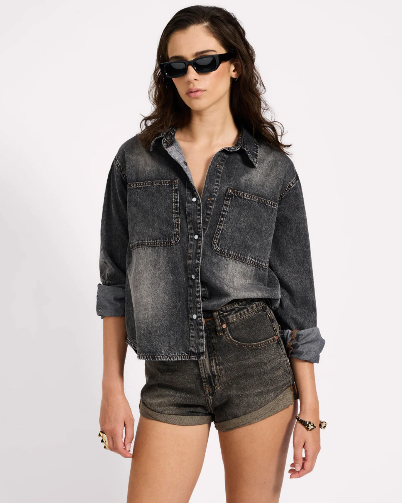 Nixie Eyelet Classic Fit Denim Shirt - Charcoal Black - Image 11