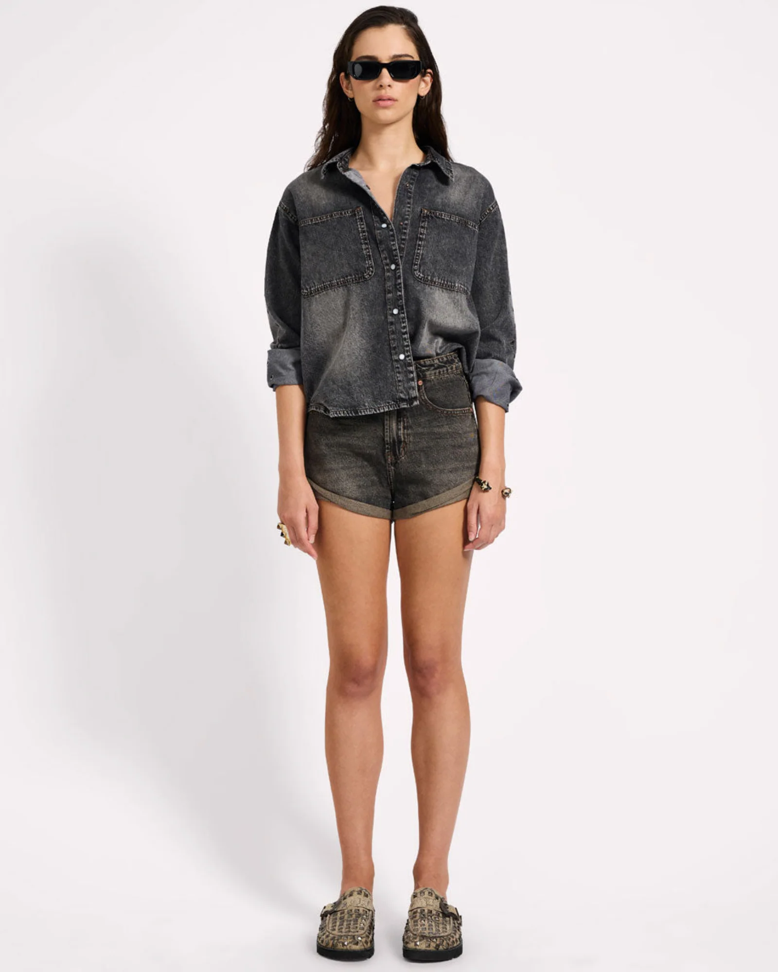 Nixie Eyelet Classic Fit Denim Shirt - Charcoal Black - Image 3