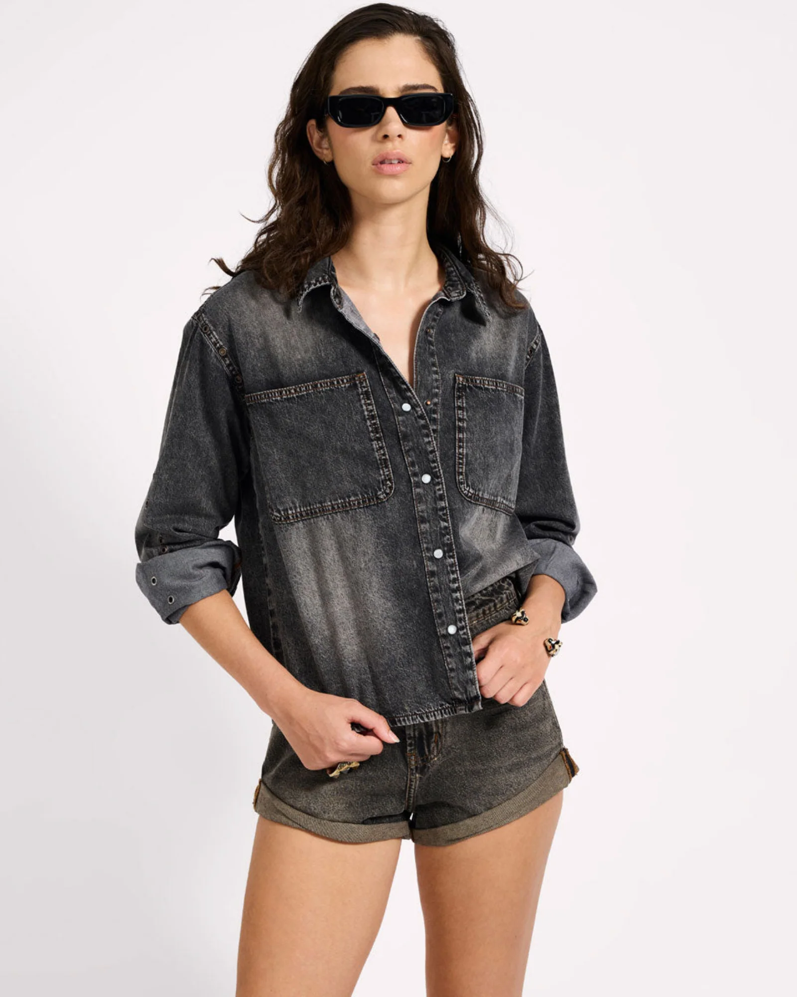Nixie Eyelet Classic Fit Denim Shirt - Charcoal Black - Image 4