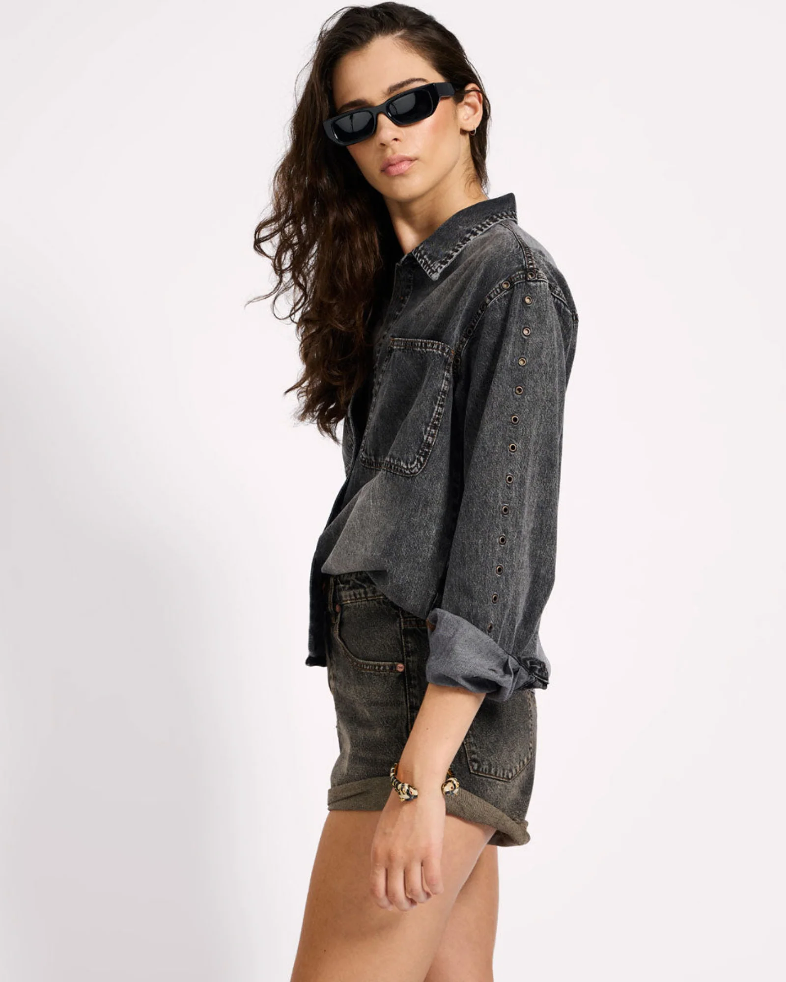 Nixie Eyelet Classic Fit Denim Shirt - Charcoal Black - Image 5