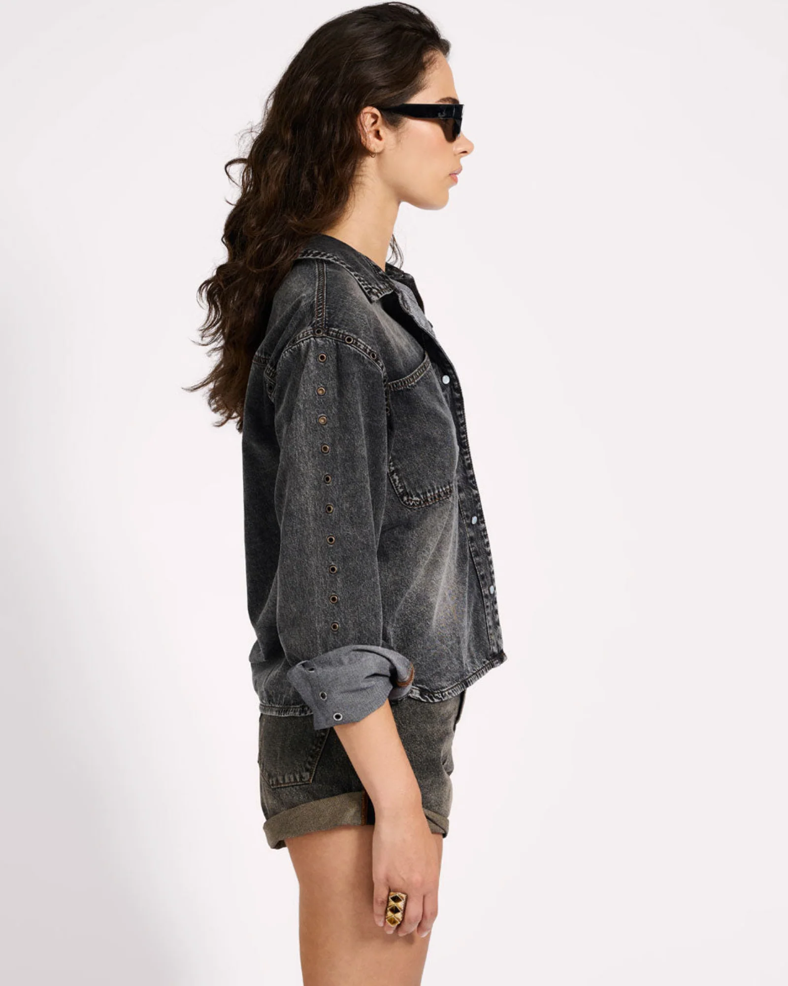 Nixie Eyelet Classic Fit Denim Shirt - Charcoal Black - Image 7