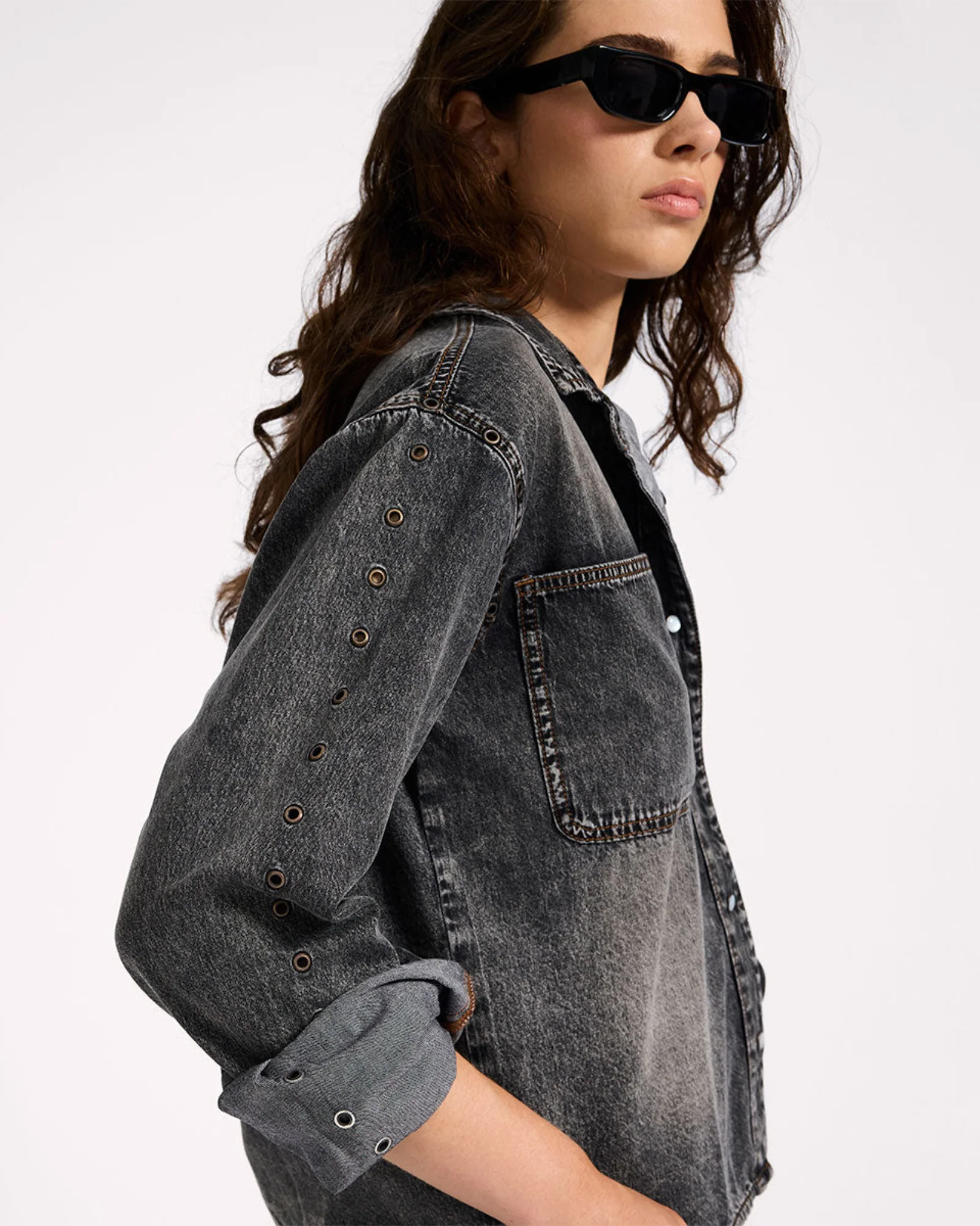 Nixie Eyelet Classic Fit Denim Shirt - Charcoal Black - Image 8