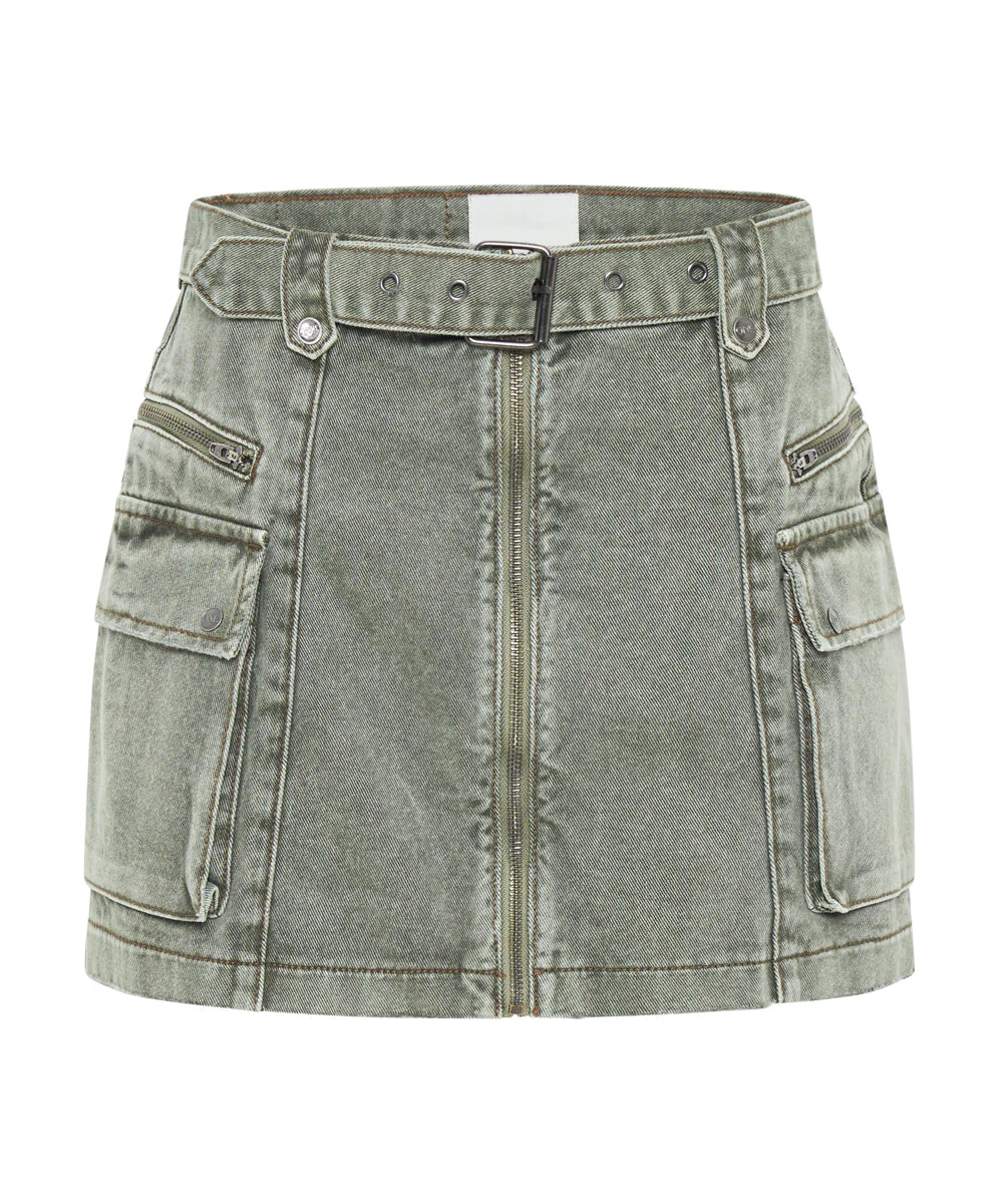 Utility Biker Denim Mini Skirt - Old Khaki - Image 6