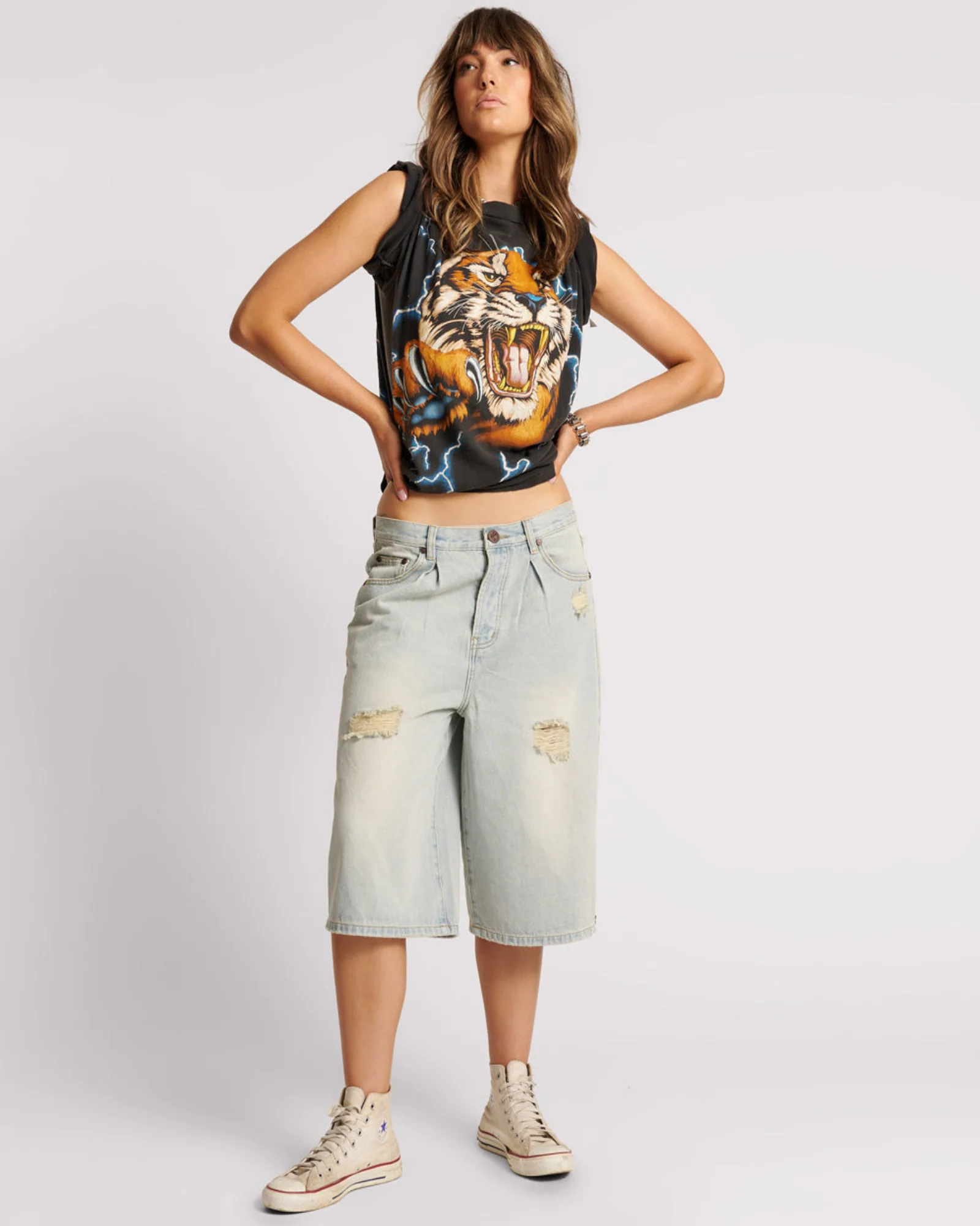 Beasties Low Waist Wide Leg Super Long Length Denim Jorts - Old West