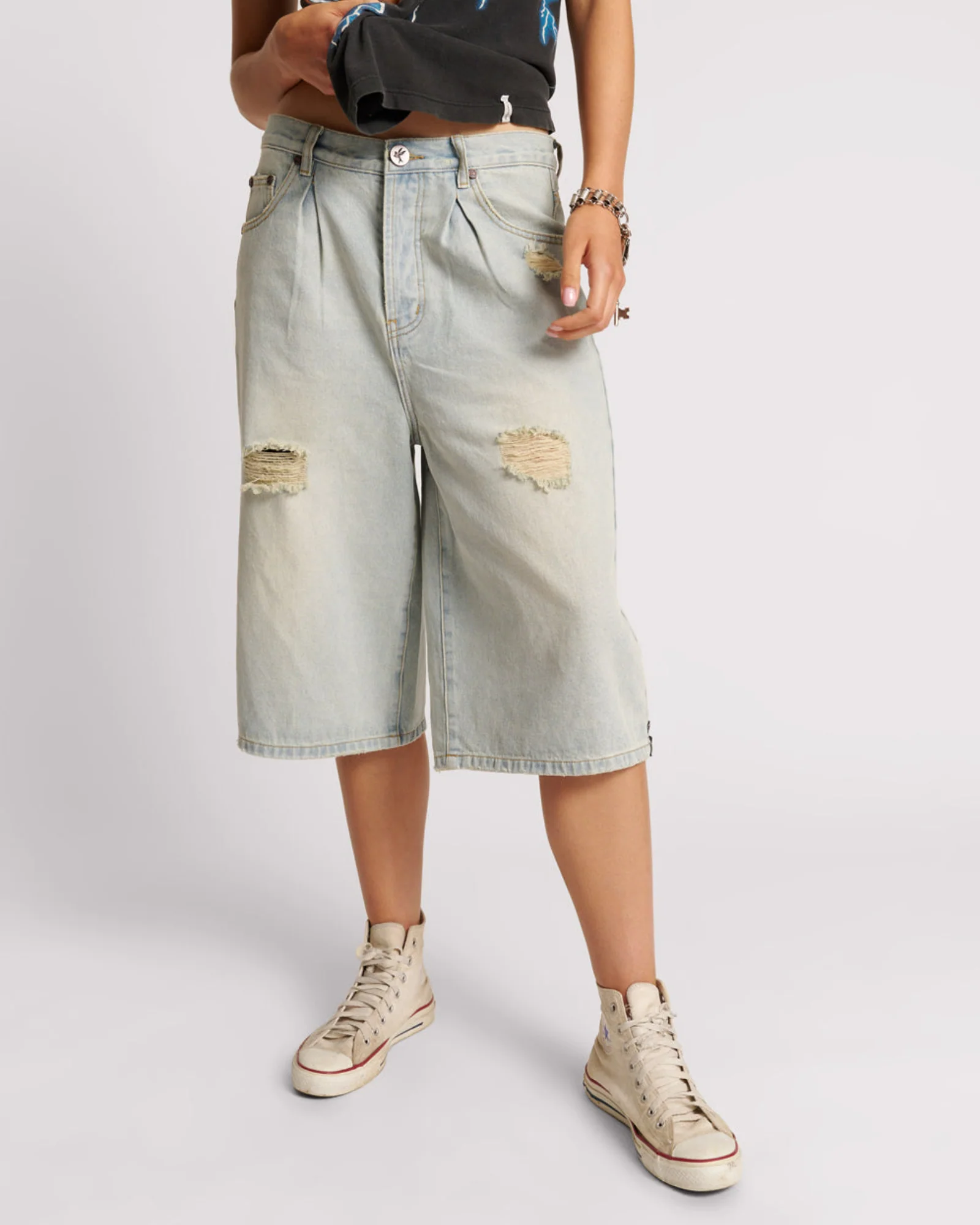 Beasties Low Waist Wide Leg Super Long Length Denim Jorts - Old West - Image 2
