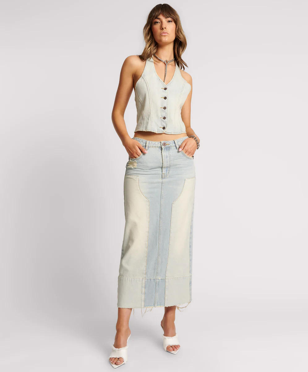 Cassidy Mid Waist Long Denim Column Denim Skirt - Old West