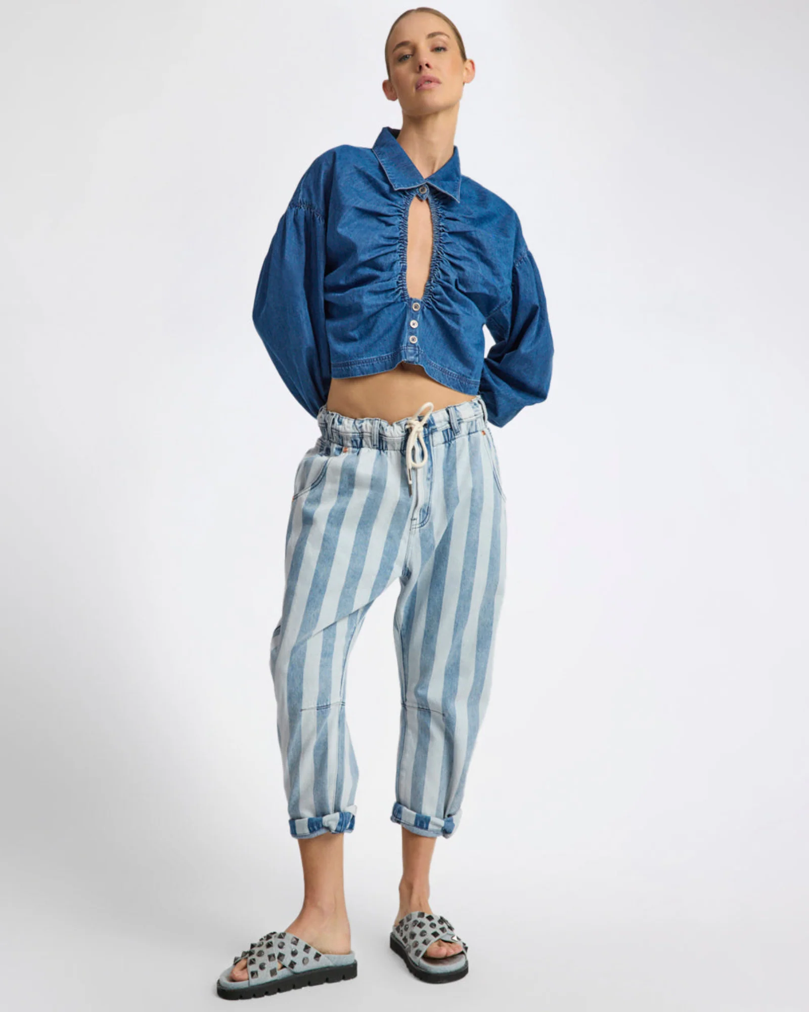 Outcasts Low Waist Drop Crotch Harem Denim Jeans - Beach Club Stripe