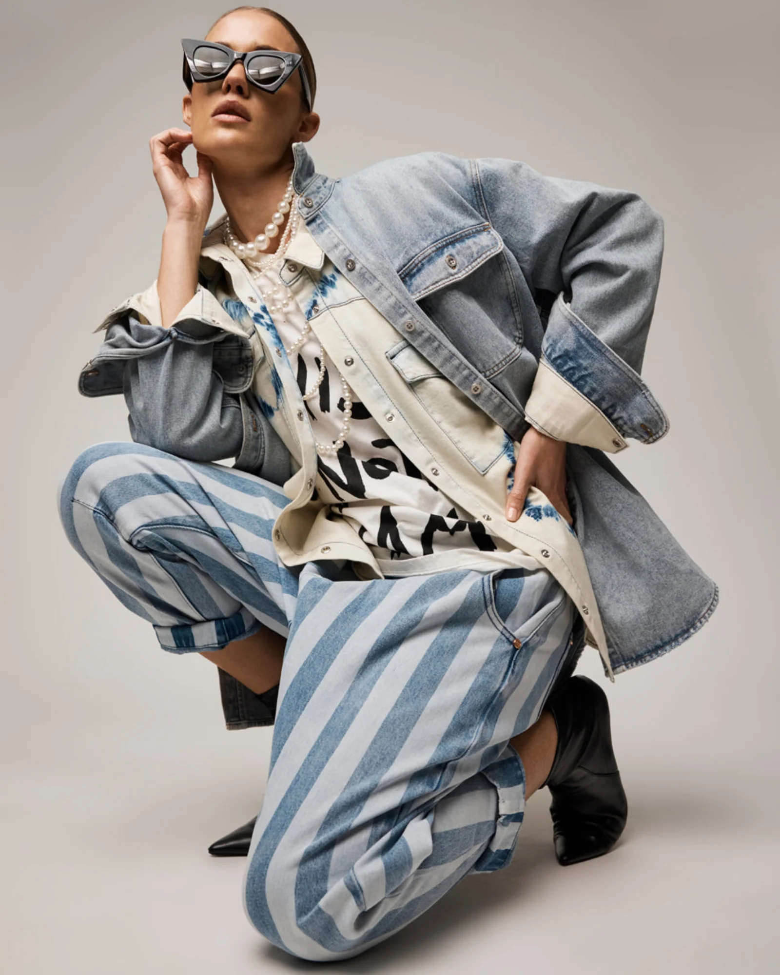 Outcasts Low Waist Drop Crotch Harem Denim Jeans - Beach Club Stripe - Image 2