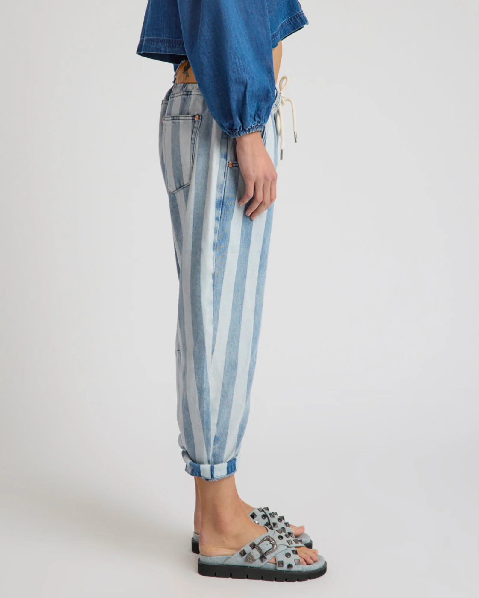 Outcasts Low Waist Drop Crotch Harem Denim Jeans - Beach Club Stripe - Image 6