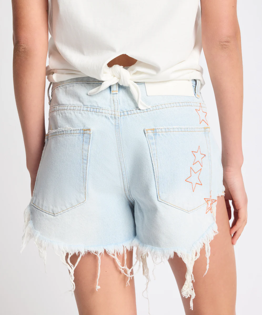 Outlaws Mid Waist Mid Length Star Stitched Denim Shorts - Bel Air Blue - Image 7
