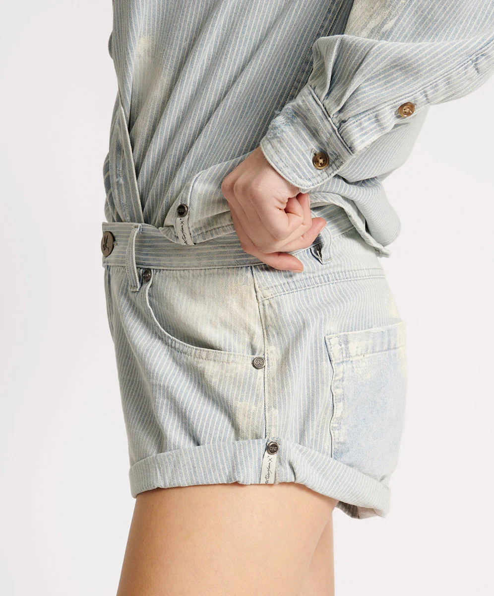 Bandits Low Waist Denim Shorts - Painters Stripe Blue - Image 3