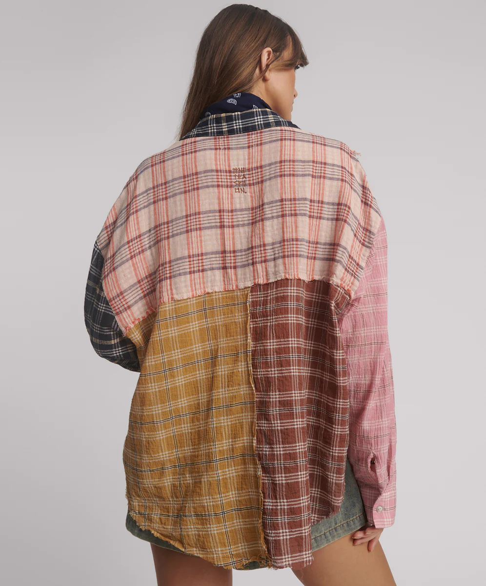 Panelled Check Oversized Cotton Shirt - Multi - Image 3