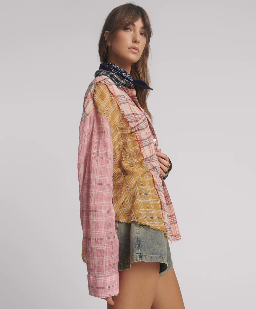 Panelled Check Oversized Cotton Shirt - Multi - Image 4