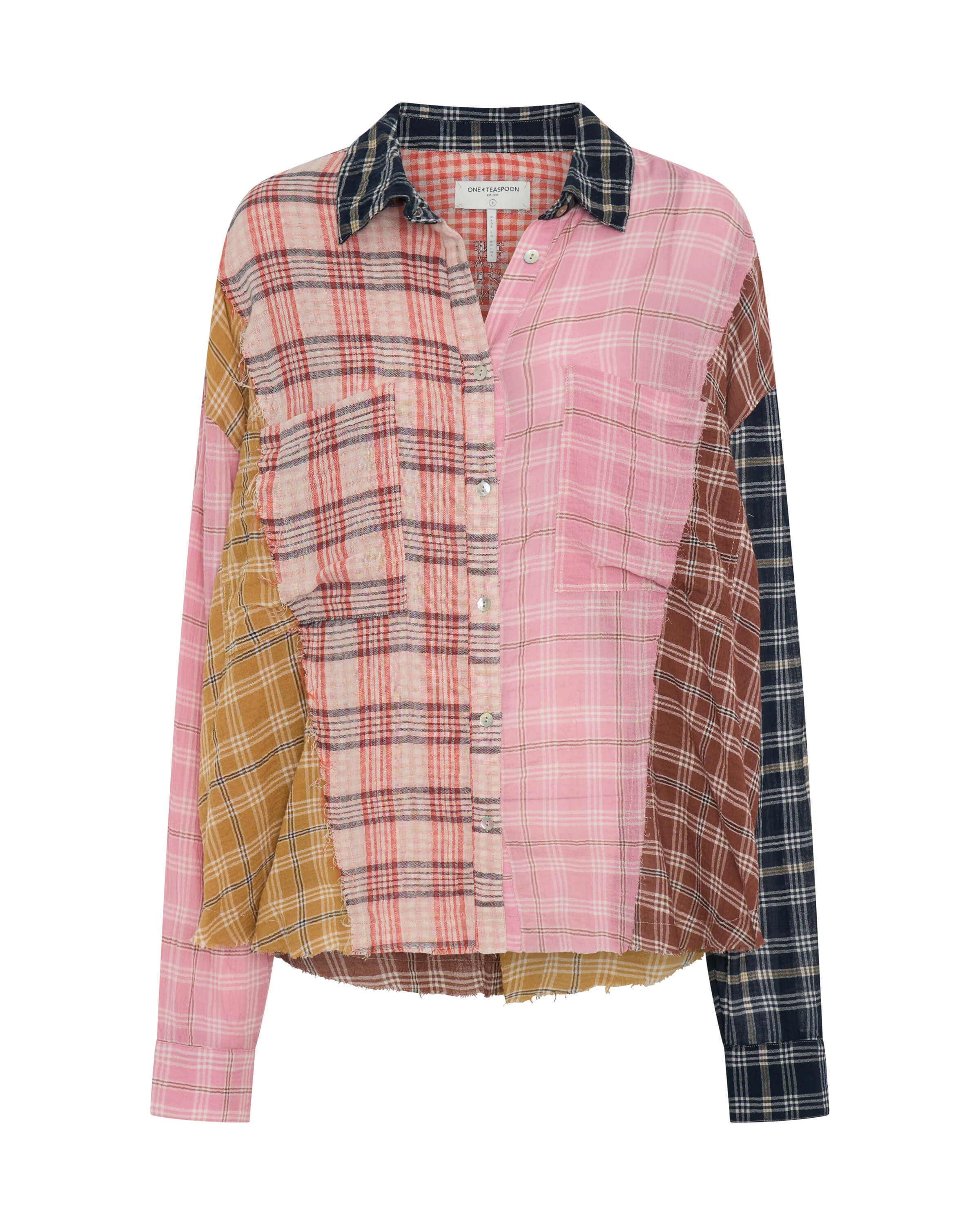 Panelled Check Oversized Cotton Shirt - Multi - Image 6