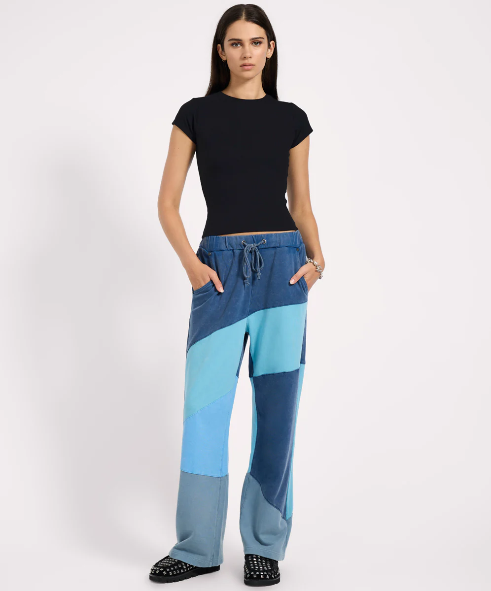PATCHWORK WIDE LEG FLEECE SWEATPANTS