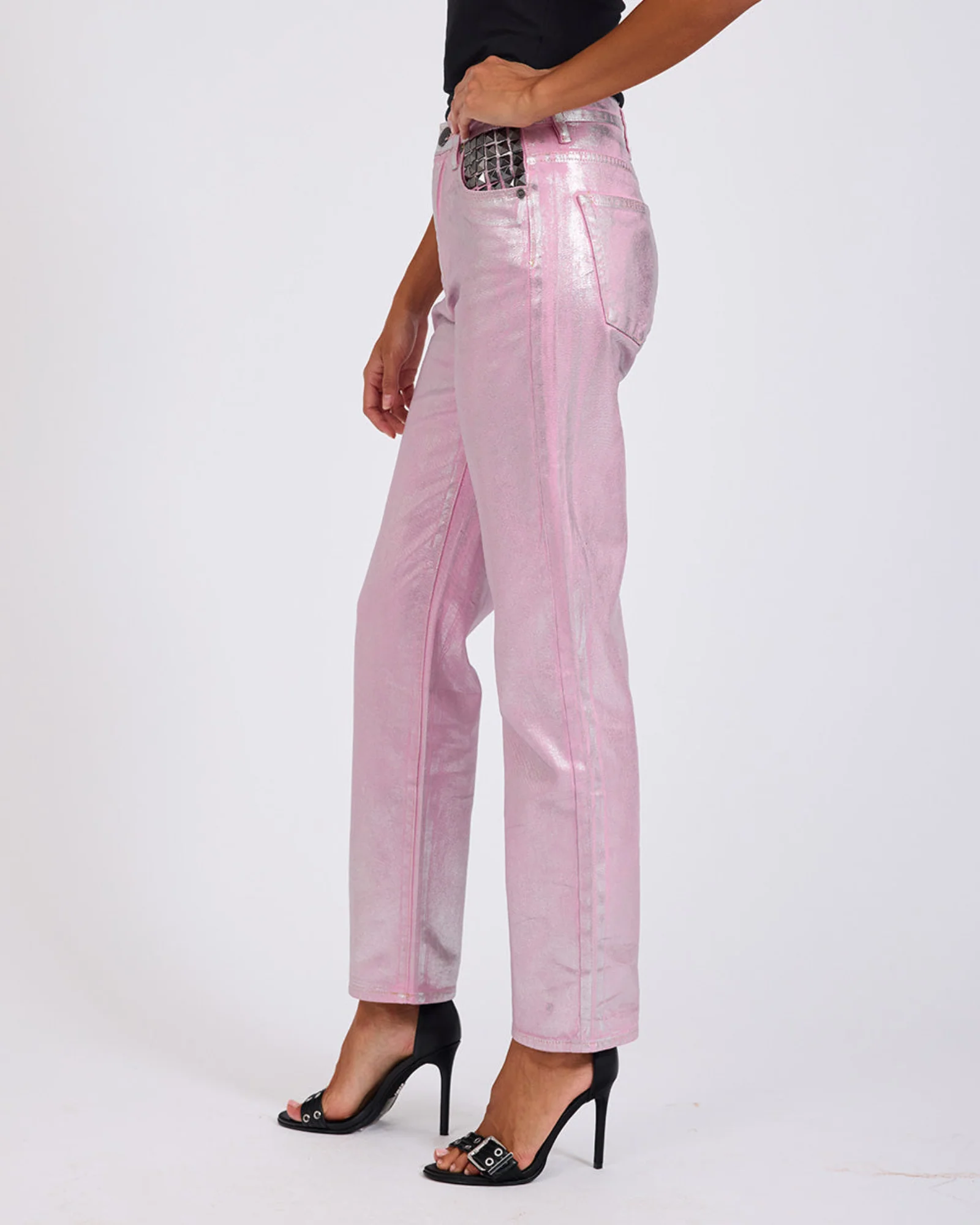 Awesome Baggies High Waist Straight Leg Denim Jeans- Pink Envy Foil - Image 4