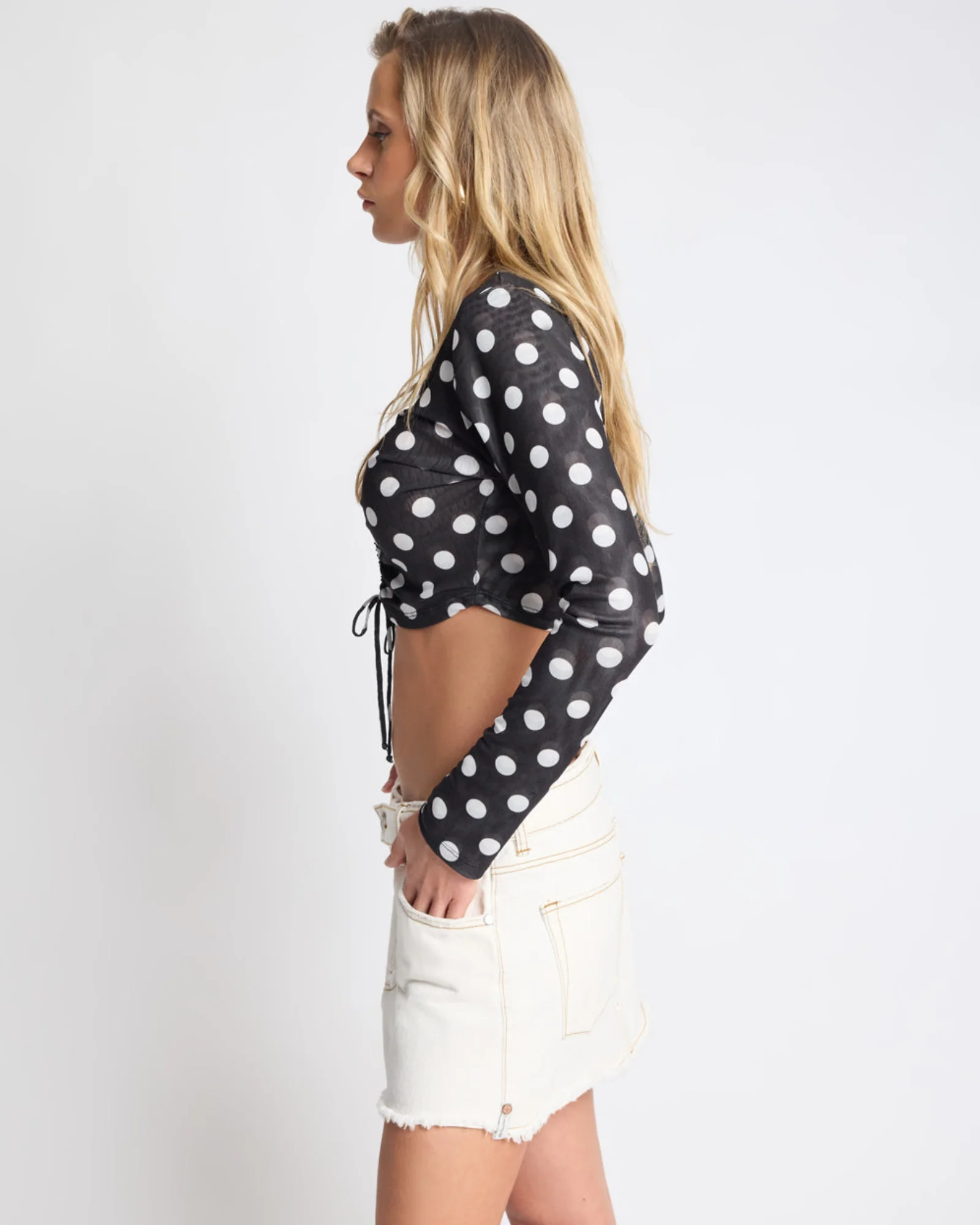 Polka Darling Sheer Mesh Longsleeve Crop Top - Black & White Polka Dot - Image 3