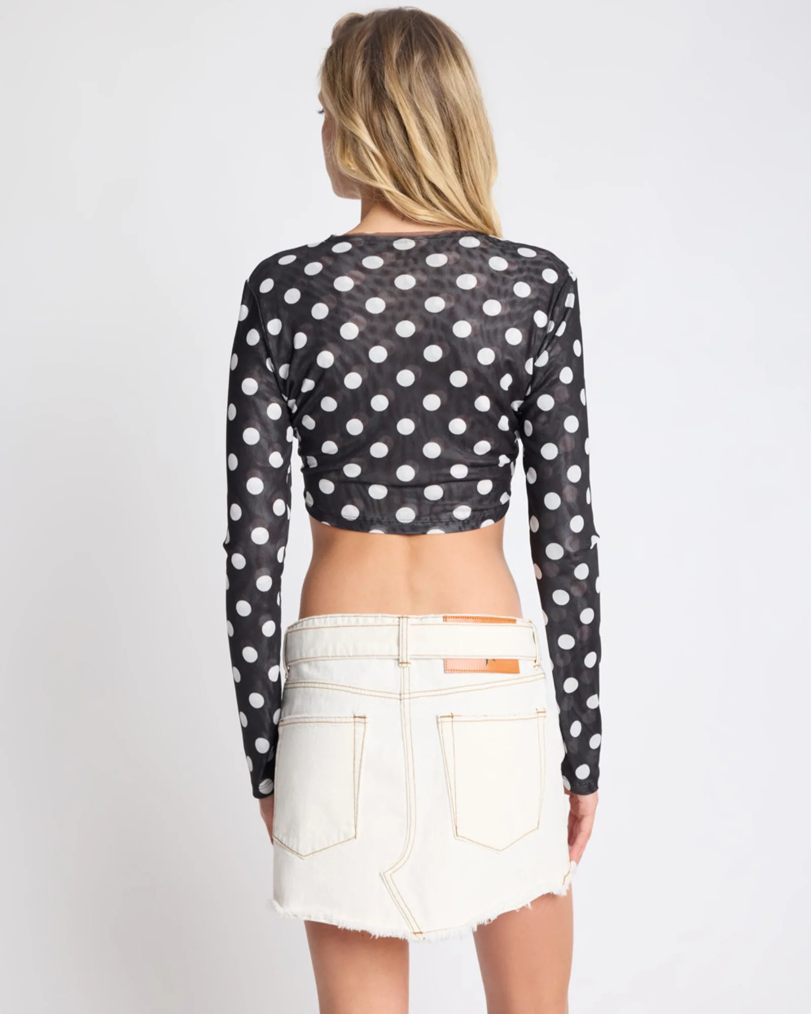 Polka Darling Sheer Mesh Longsleeve Crop Top - Black & White Polka Dot - Image 4