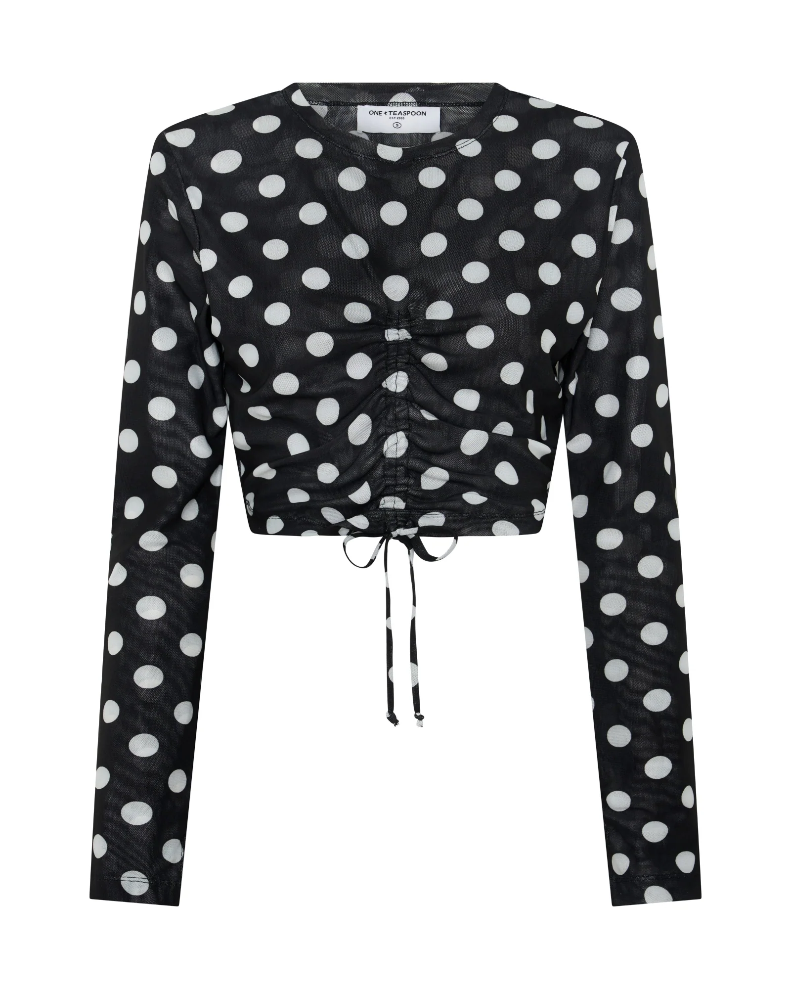 Polka Darling Sheer Mesh Longsleeve Crop Top - Black & White Polka Dot - Image 9