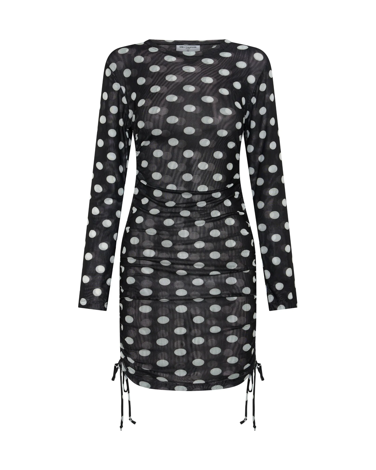 Polka Darling Sheer Mesh Ruched Mini Dress - Black & White Polka Dot - Image 10