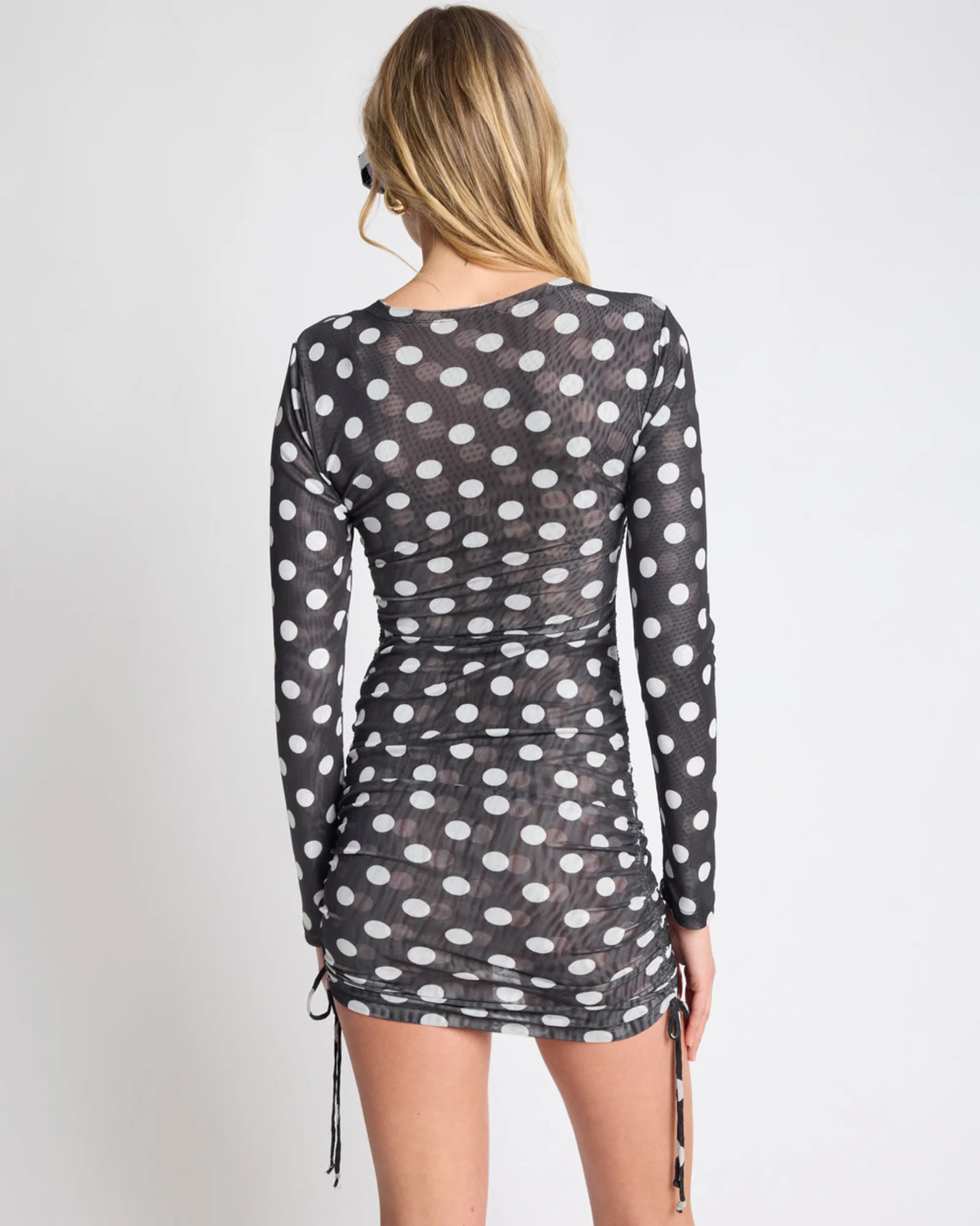 Polka Darling Sheer Mesh Ruched Mini Dress - Black & White Polka Dot - Image 3
