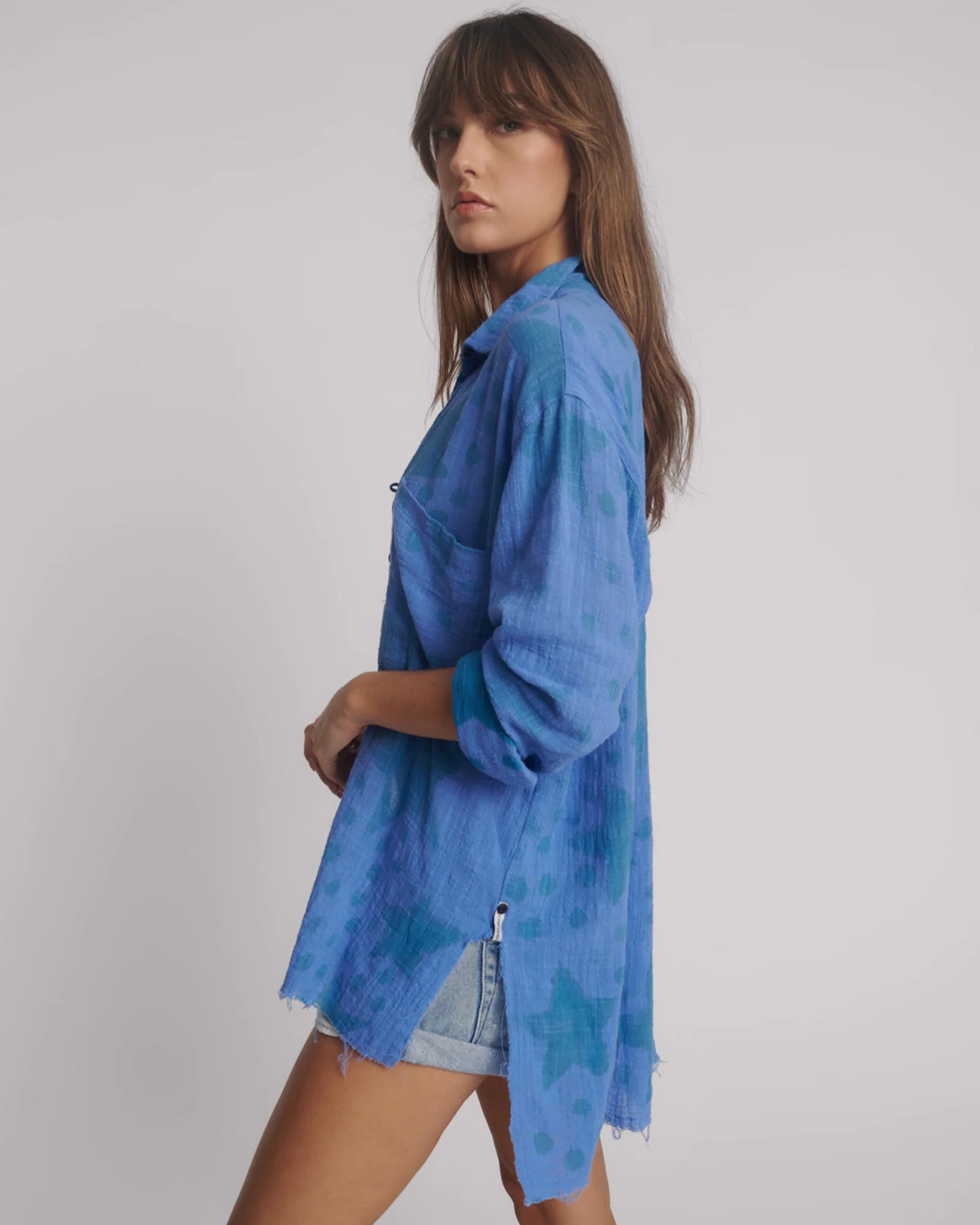 Polka Star Hand Print Muslin Longline Shirt - Blue - Image 2