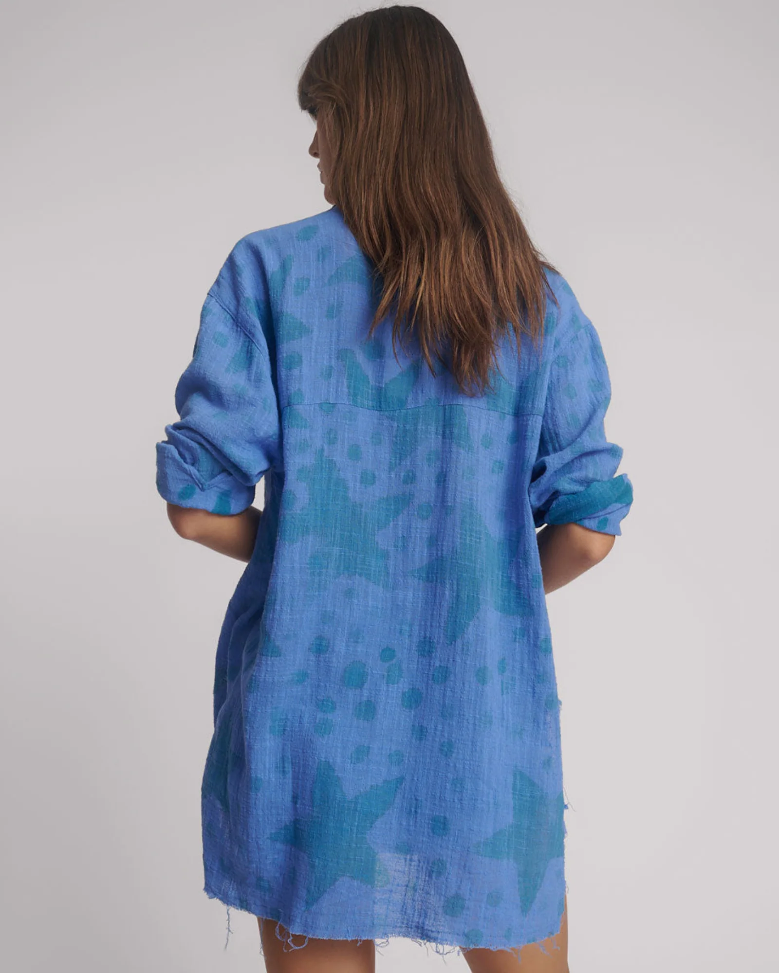Polka Star Hand Print Muslin Longline Shirt - Blue - Image 3