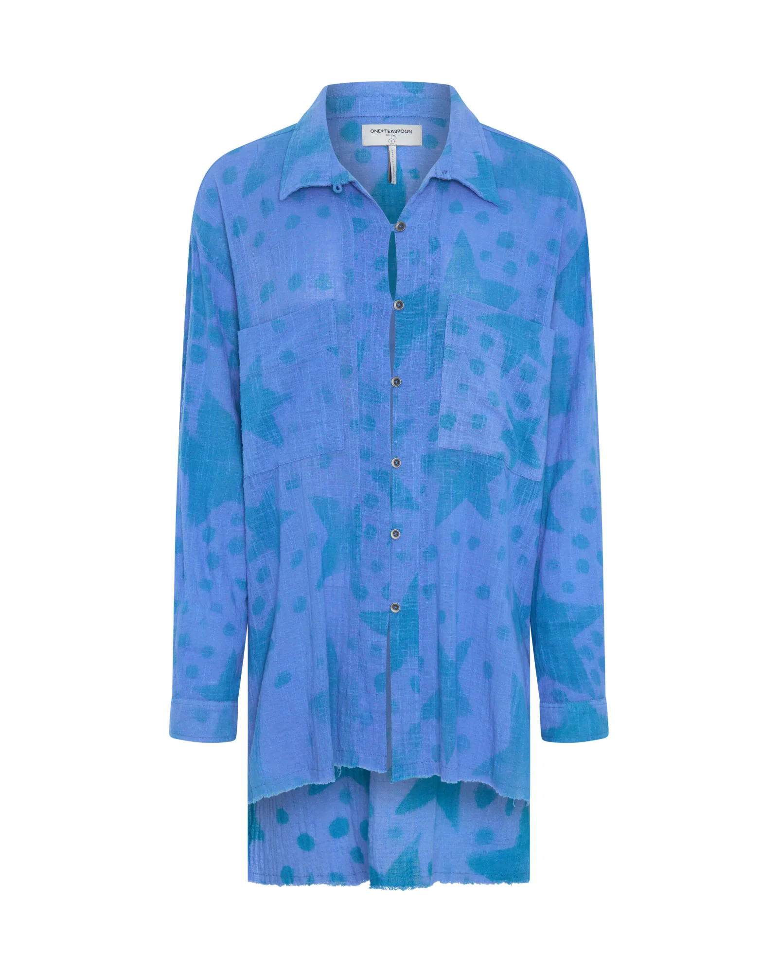 Polka Star Hand Print Muslin Longline Shirt - Blue - Image 6