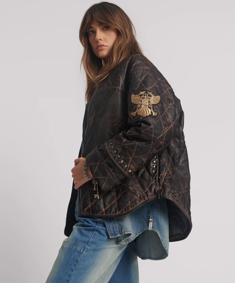 Quilted Star Leather Jacket - Black Tobacco - Image 2