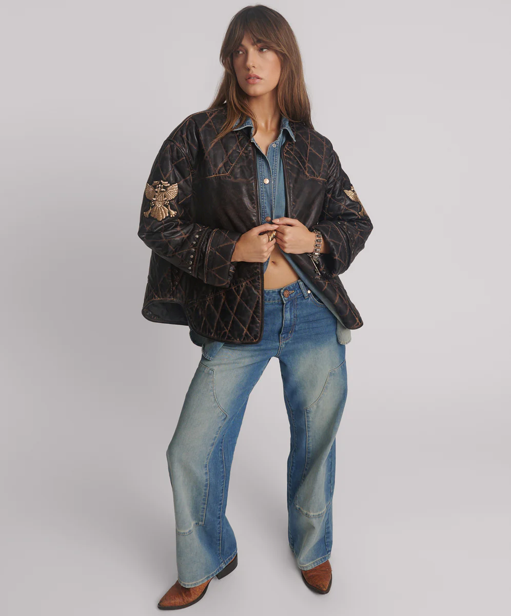 Quilted Star Leather Jacket - Black Tobacco - Image 5