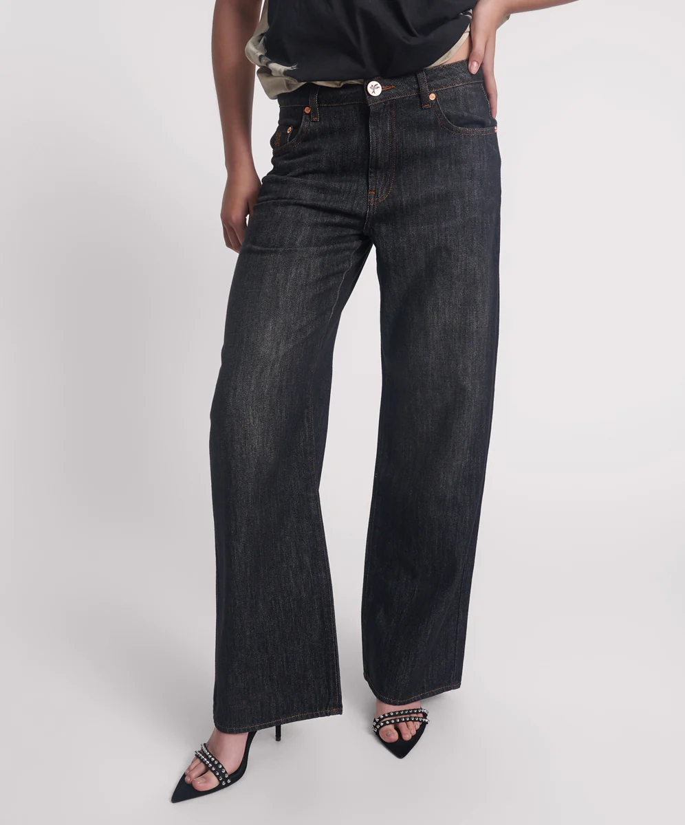 Jackson Mid Waist Wide Leg Denim Jeans - Raw Black - Image 2