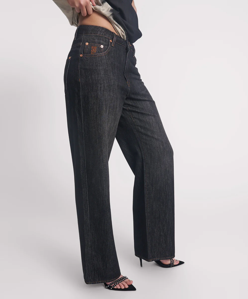Jackson Mid Waist Wide Leg Denim Jeans - Raw Black - Image 5