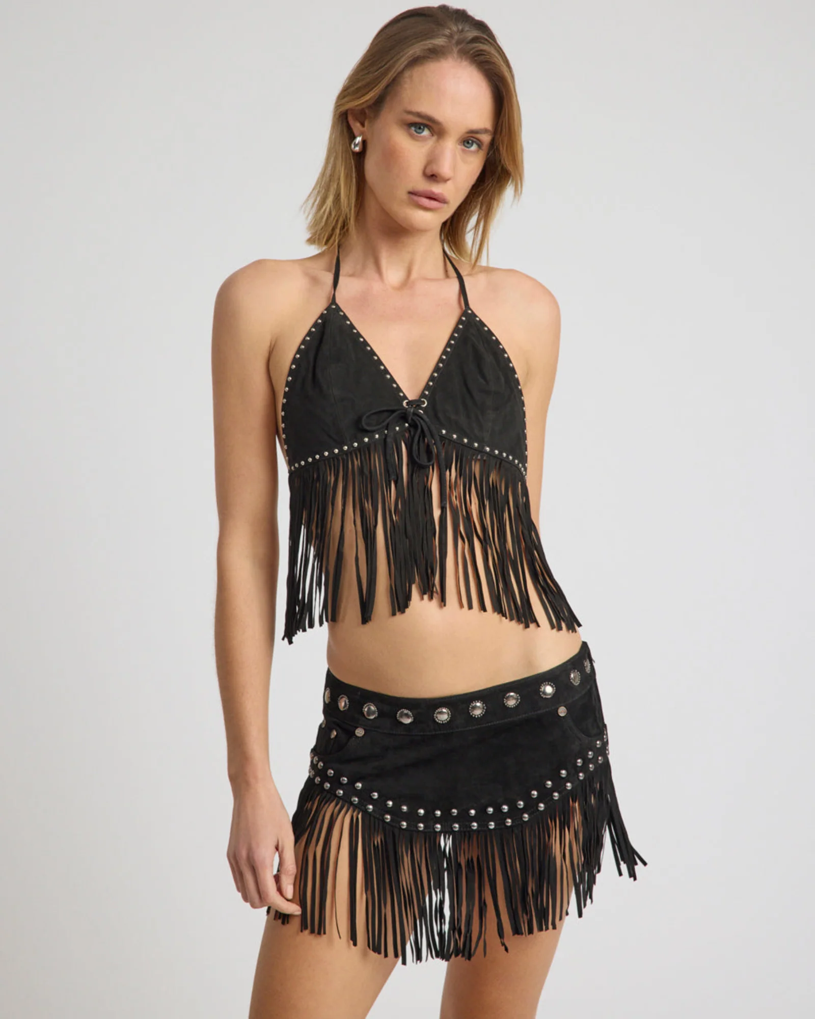 Rebel Rider Fringed Studded Suede Cami Top - Black - Image 4