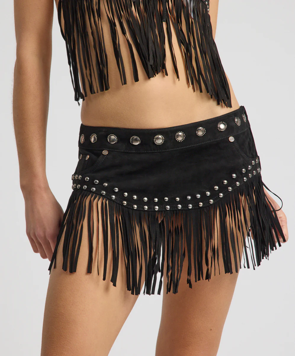 Rebel Rider Studded Fringe Suede Micro Skirt - Black - Image 3